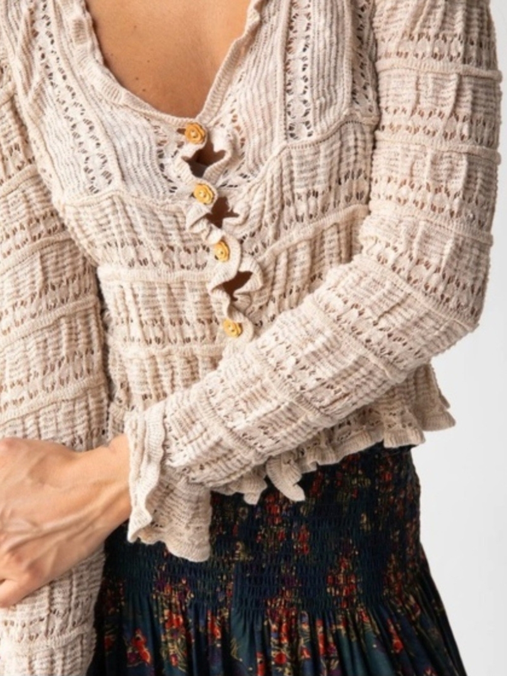 NATURAL LIFE Cream Crochet Button-Front Scoop Neck Sweater